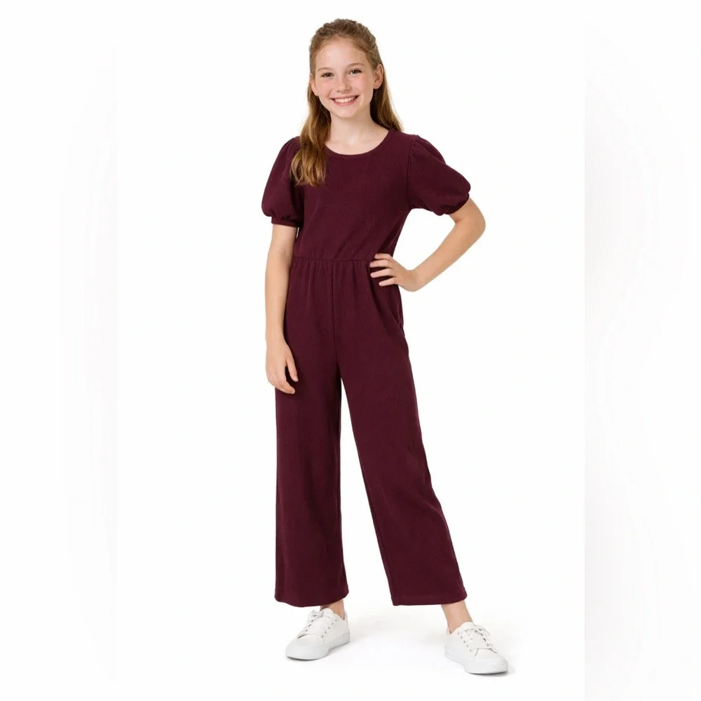 Old Navy Girls Burgundy Puff Sleeve Wide Leg Jumpsuit Size L 10/12